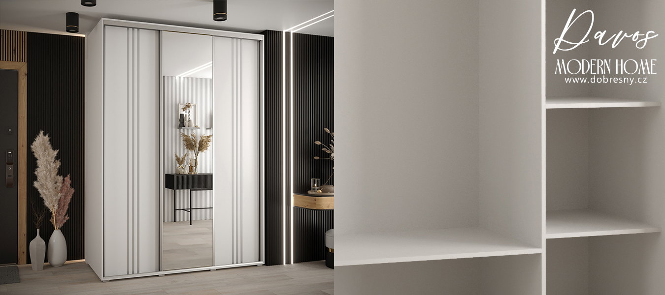 Šatníková skriňa DAVOS 7 posuvné dvere a zrkadlo, 170×235×45, Biela / strieborné pojazdy
