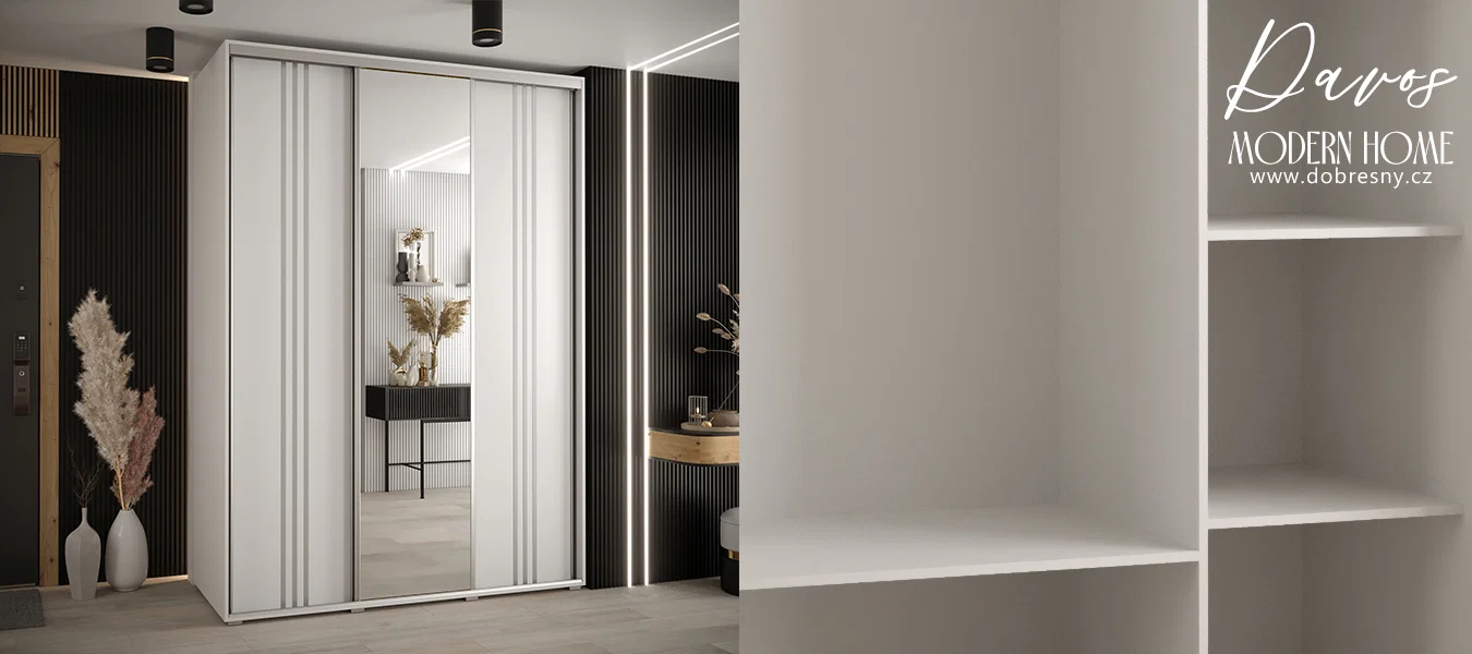 Šatní skříň DAVOS 7 posuvné dvěře a zrcadlo, 180×235×45, Bílá / stříbrné pojezdy