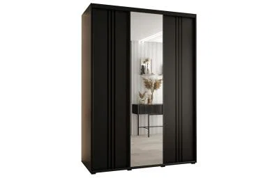 Šatní skříň DAVOS 7 posuvné dvěře a zrcadlo, 180×235×45, Černá / černé pojezdy