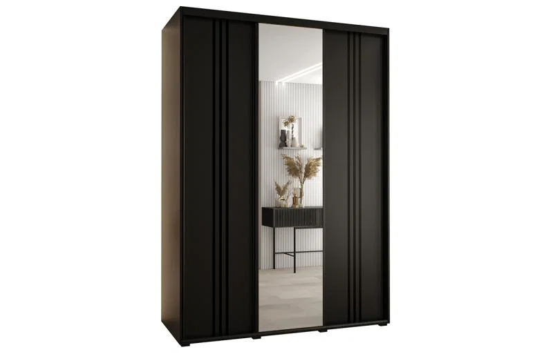 Šatní skříň DAVOS 7 posuvné dvěře a zrcadlo, 180×235×45, Černá / černé pojezdy