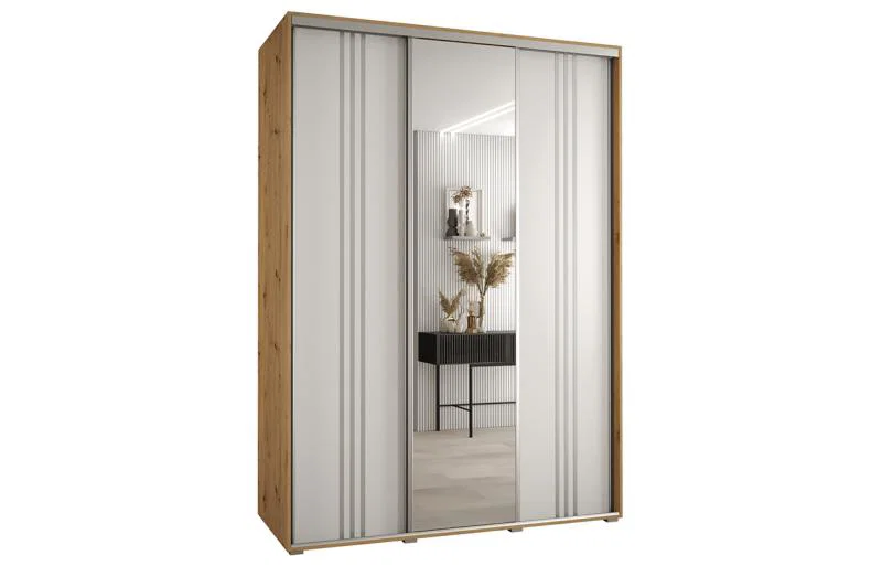 Šatní skříň DAVOS 7 posuvné dvěře a zrcadlo, 180×235×45, DUB Artisan / bílá / stříbrné