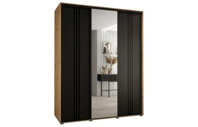 Šatní skříň DAVOS 7 posuvné dvěře a zrcadlo, 190×235×45, DUB Artisan / černá / černé