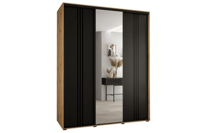 Šatní skříň DAVOS 7 posuvné dvěře a zrcadlo, 190×235×45, DUB Artisan / černá / černé