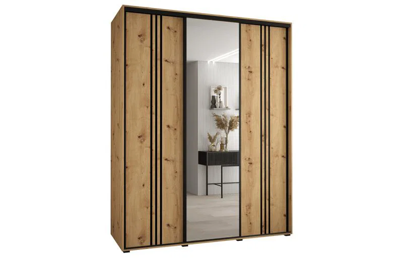 Šatní skříň DAVOS 7 posuvné dvěře a zrcadlo, 190×235×45, DUB Artisan / černé pojezdy
