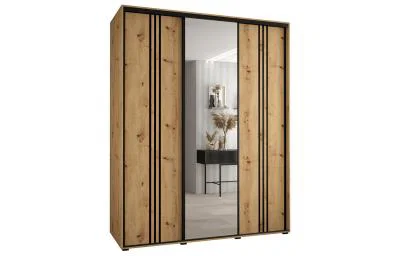 Šatní skříň DAVOS 7 posuvné dvěře a zrcadlo, 200×235×45, DUB Artisan / černé pojezdy
