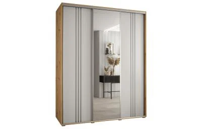 Šatní skříň DAVOS 7 posuvné dvěře a zrcadlo, 200×235×45, DUB Artisan / bílá / stříbrné