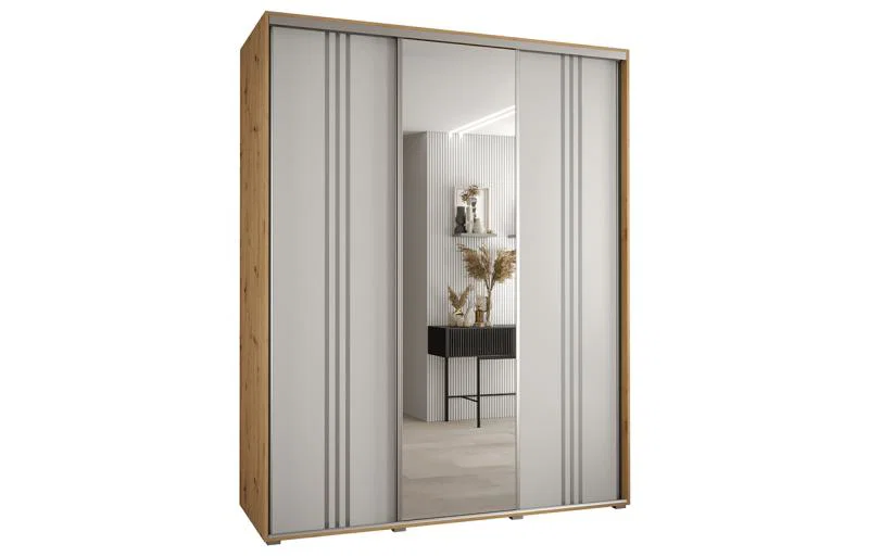 Šatní skříň DAVOS 7 posuvné dvěře a zrcadlo, 200×235×45, DUB Artisan / bílá / stříbrné