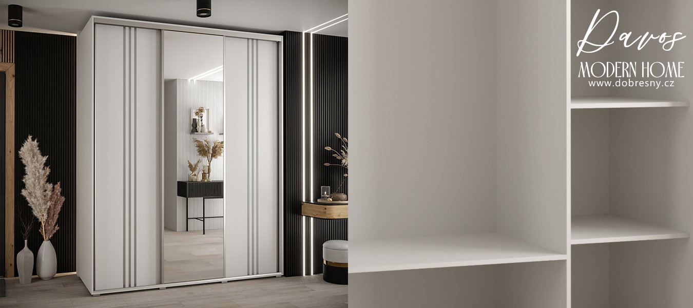 Šatníková skriňa DAVOS 7 posuvné dvere a zrkadlo, 200×235×45, Biela / strieborné pojazdy