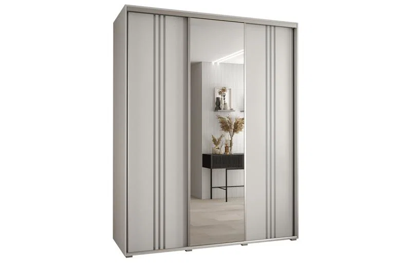 Šatní skříň DAVOS 7 posuvné dvěře a zrcadlo, 200×235×45, Bílá / stříbrné pojezdy