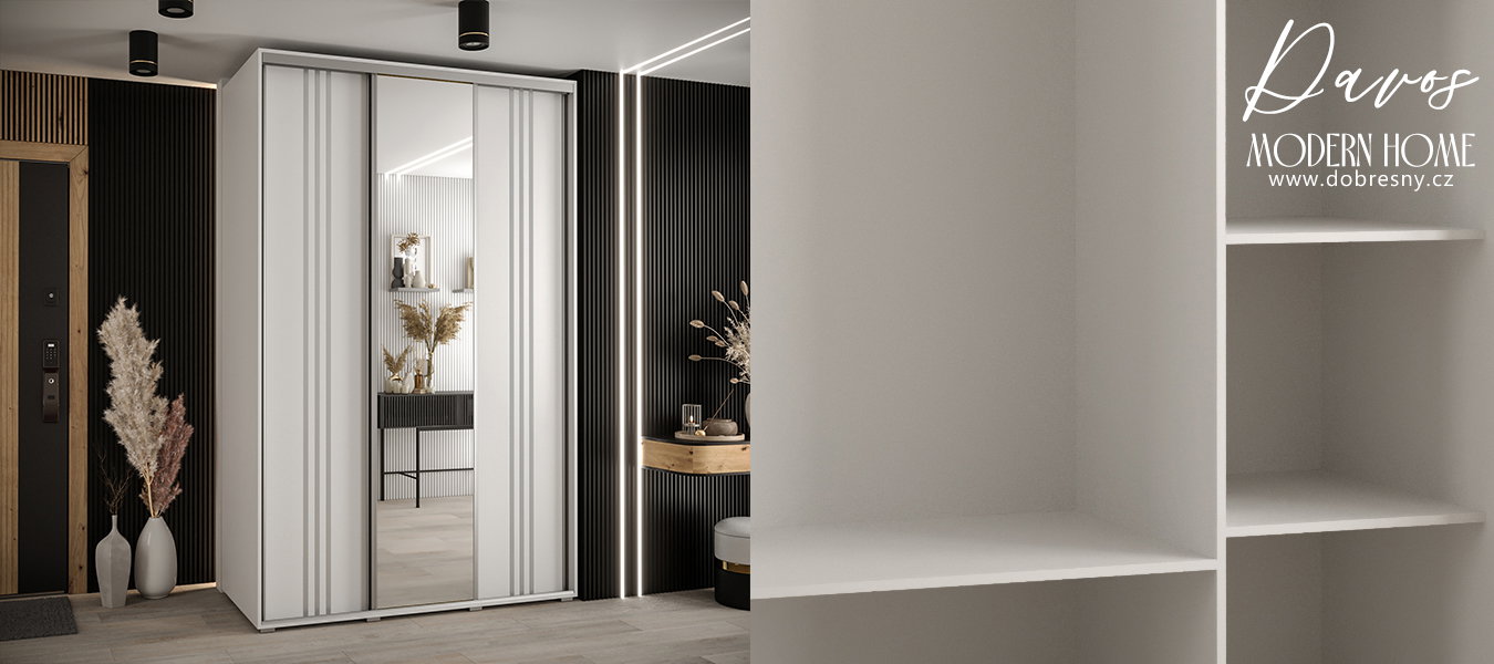 Šatníková skriňa DAVOS 7 posuvné dvere a zrkadlo, 160×235×45, Biela / strieborné pojazdy