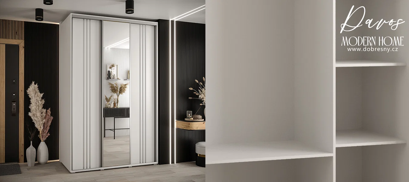 Šatní skříň DAVOS 7 posuvné dvěře a zrcadlo, 160×235×45, Bílá / stříbrné pojezdy