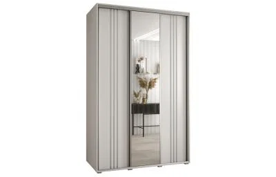Šatní skříň DAVOS 7 posuvné dvěře a zrcadlo, 160×235×45, Bílá / stříbrné pojezdy