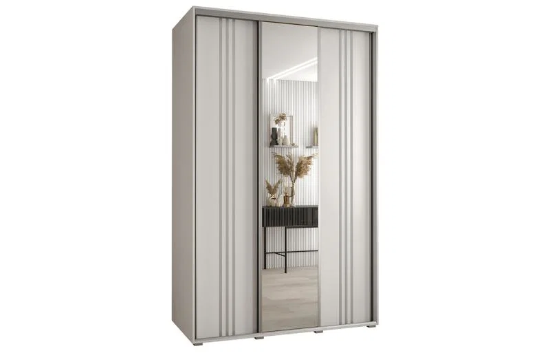 Šatní skříň DAVOS 7 posuvné dvěře a zrcadlo, 160×235×45, Bílá / stříbrné pojezdy