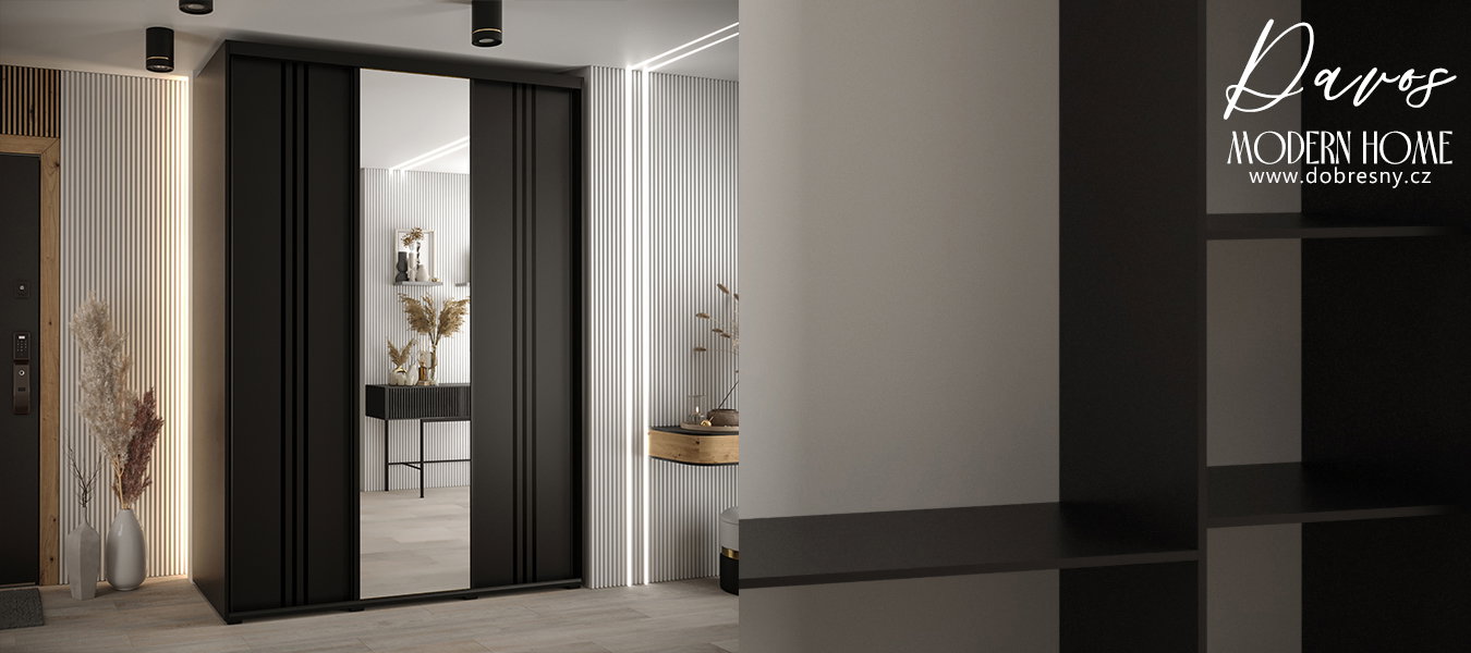 Šatníková skriňa DAVOS 7 posuvné dvere a zrkadlo, 170×235×45, Čierna / čierne pojazdy