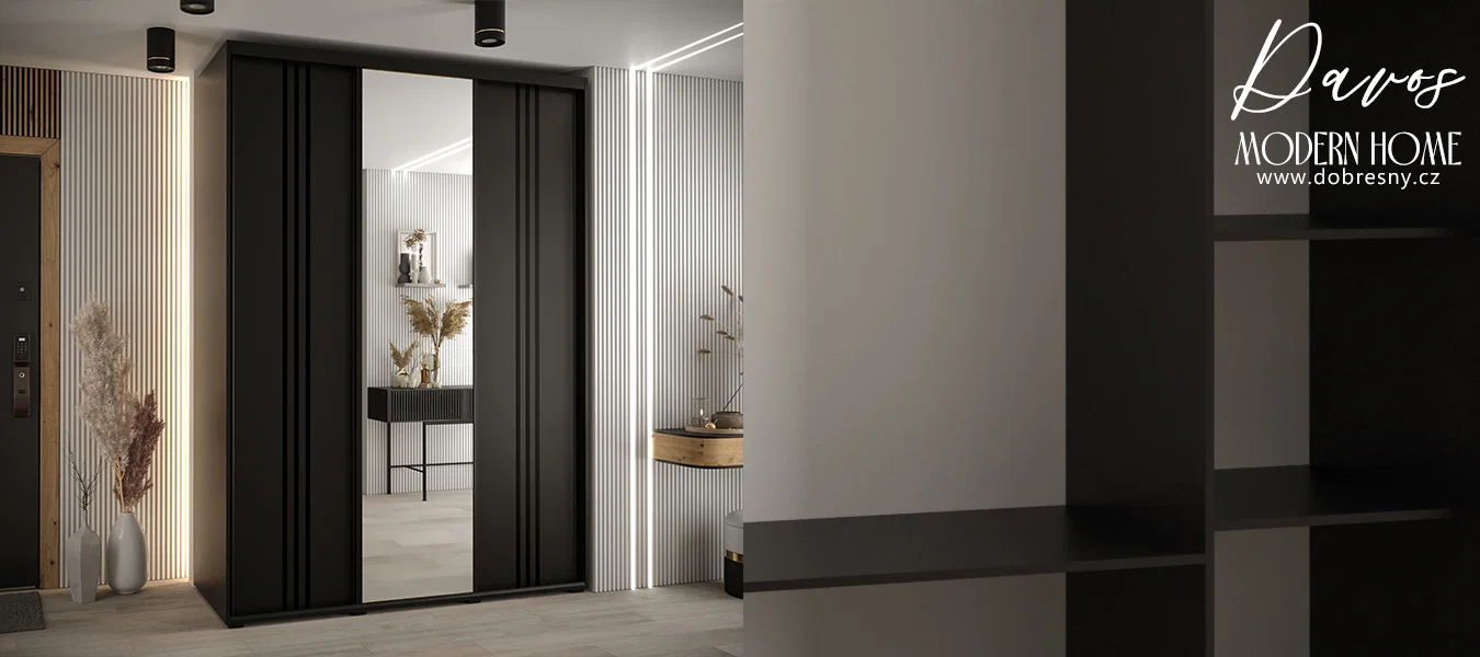 Šatní skříň DAVOS 7 posuvné dvěře a zrcadlo, 170×235×45, Černá / černé pojezdy