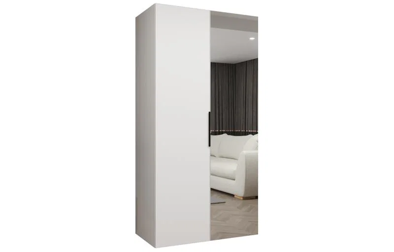 Šatní skříň se zrcadlem MARBELLA 2, otočné dveře, tyč, 100×202×52, bílá mat / černé