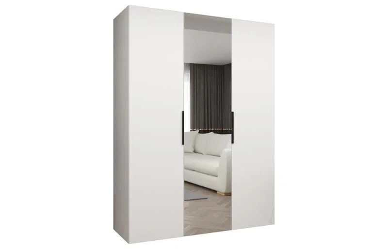 Šatní skříň se zrcadlem MARBELLA 2, otočné dveře, tyč, 150×202×52, bílá mat / černé