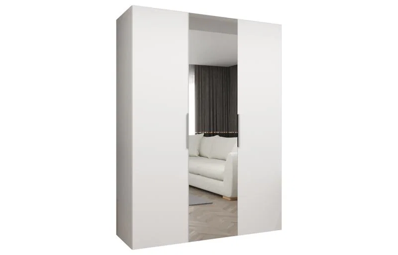 Šatní skříň se zrcadlem MARBELLA 2, otočné dveře, tyč, 150×202×52, bílá mat / kašmírové