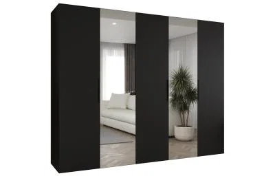 Šatní skříň se zrcadlem MARBELLA 2, otočné dveře, tyč, 250×202×52, černá mat / černé