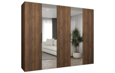 Šatní skříň se zrcadlem MARBELLA 2, otočné dveře, tyč, 250×202×52, ořech Warmia / černé