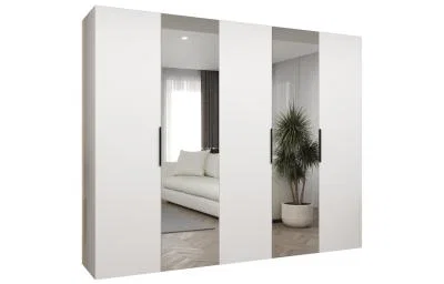 Šatní skříň se zrcadlem MARBELLA 2, otočné dveře, tyč, 250×202×52, bílá mat / černé