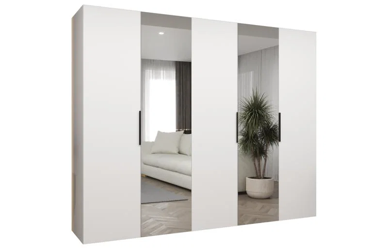 Šatní skříň se zrcadlem MARBELLA 2, otočné dveře, tyč, 250×202×52, bílá mat / černé
