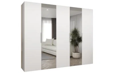 Šatní skříň se zrcadlem MARBELLA 2, otočné dveře, tyč, 250×202×52, bílá mat / kašmírové