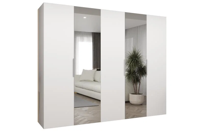 Šatní skříň se zrcadlem MARBELLA 2, otočné dveře, tyč, 250×202×52, bílá mat / kašmírové