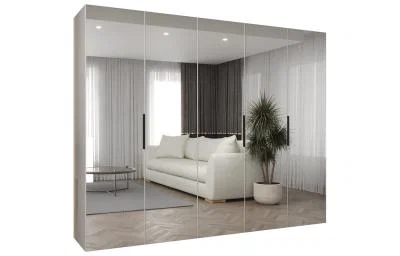Šatní zrcadlová skříň MARBELLA 3, otočné dveře, tyč, 250×202×52, bílá mat / černé