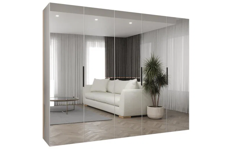 Šatní zrcadlová skříň MARBELLA 3, otočné dveře, tyč, 250×202×52, bílá mat / černé