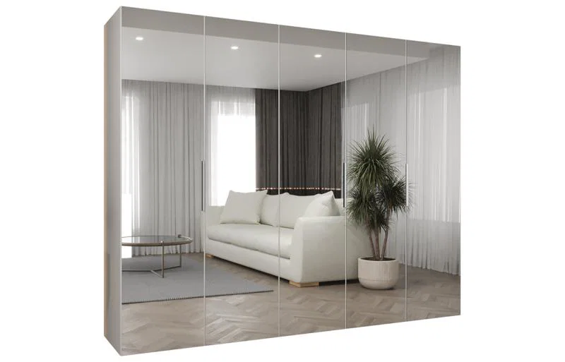 Šatní zrcadlová skříň MARBELLA 3, otočné dveře, tyč, 250×202×52, bílá mat / kašmírové