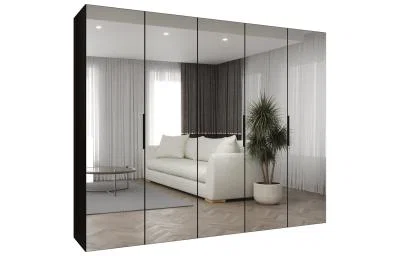 Šatní zrcadlová skříň MARBELLA 3, otočné dveře, tyč, 250×202×52, černá mat / černé