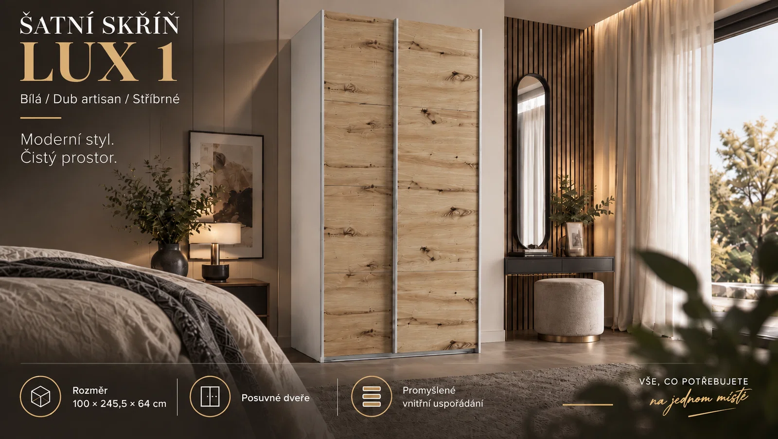 Šatní skříň LUX 1 s posuvnými dveřmi, 100×245,5×64 Bílá / dub Artisan / stříbrné