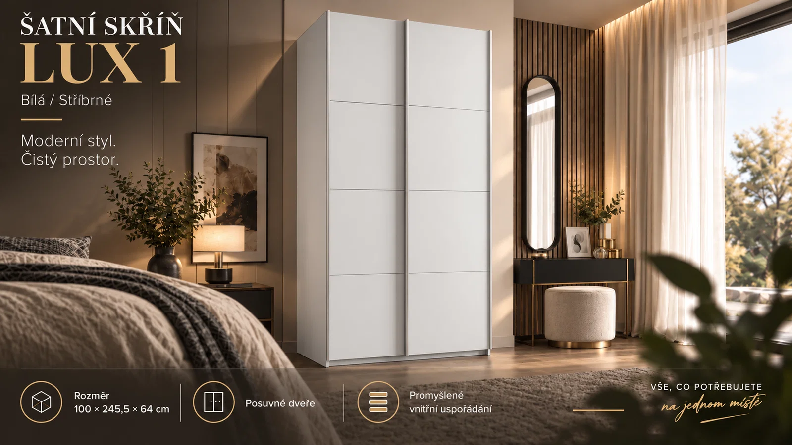 Šatní skříň LUX 1 s posuvnými dveřmi, 100×245,5×64 Bílá / stříbrné