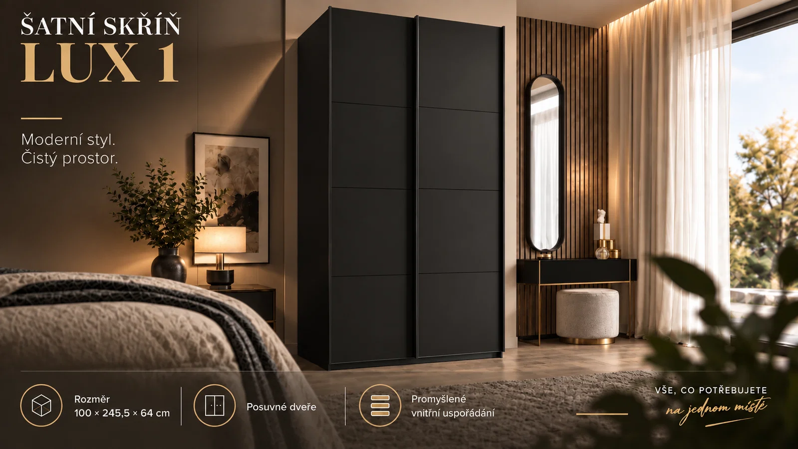 Šatní skříň LUX 1 s posuvnými dveřmi, 100×245,5×64 Černá / černé