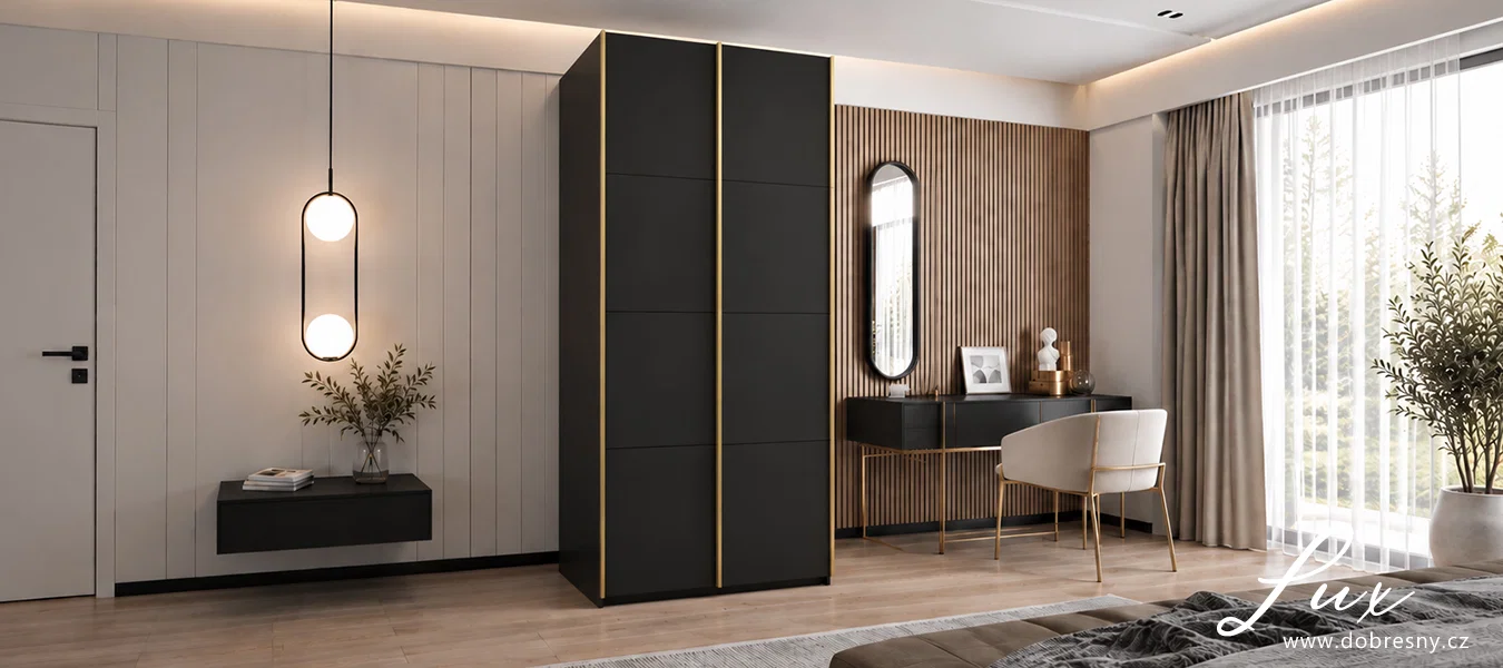 Šatní skříň LUX 1 s posuvnými dveřmi, 100×245,5×64 Černá / zlaté