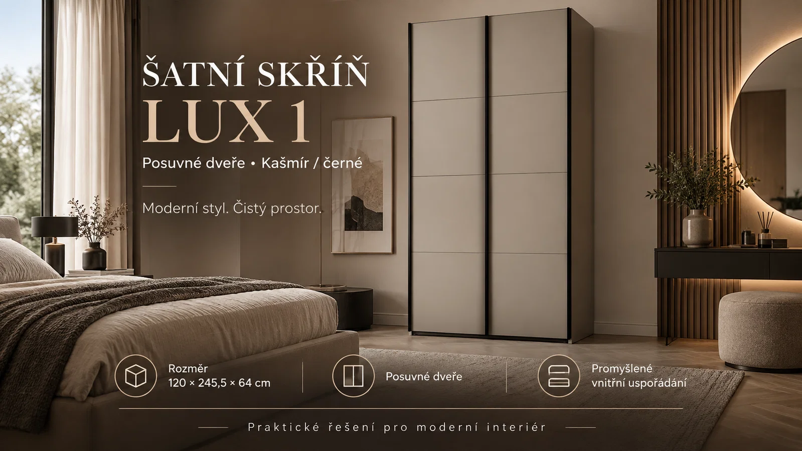 Šatní skříň LUX 1 s posuvnými dveřmi, 100×245,5×64 Kašmír / černé
