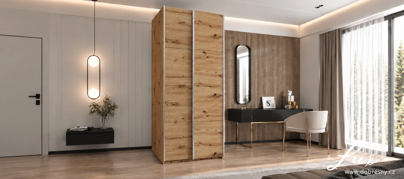 Šatní skříň LUX 1 s posuvnými dveřmi, 110×245,5×64 Dub Artisan / stříbrné