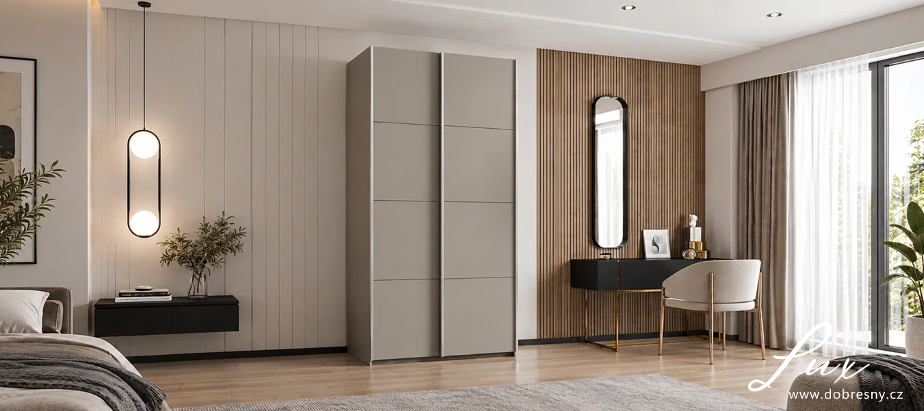 Šatní skříň LUX 1 s posuvnými dveřmi, 130×245,5×64 Kašmír / stříbrné
