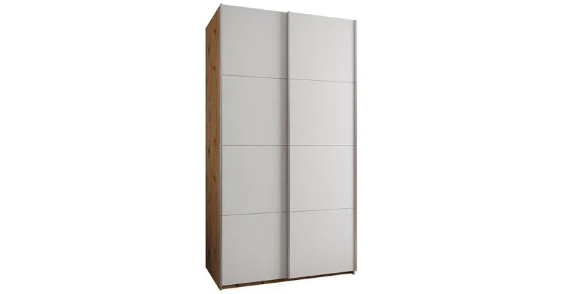 Šatní skříň LUX 1 s posuvnými dveřmi, 140×245,5×64 Dub Artisan / bílá / stříbrné