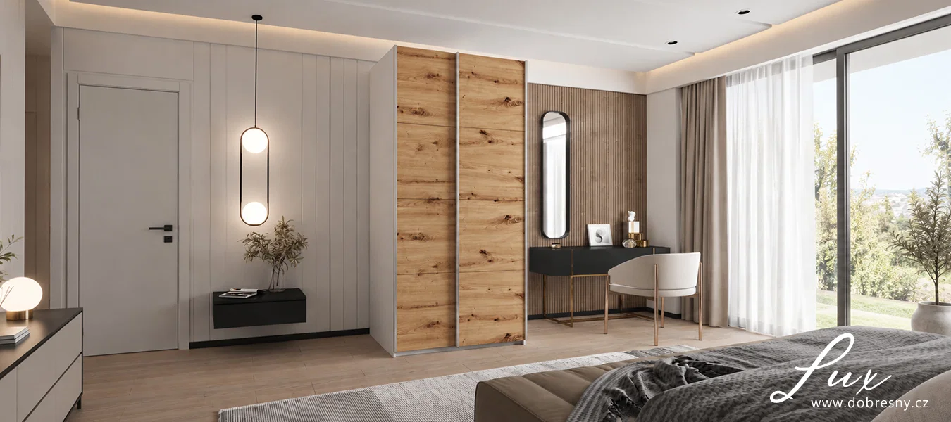 Šatní skříň LUX 1 s posuvnými dveřmi, 150×245,5×64 Bílá / dub Artisan / stříbrné