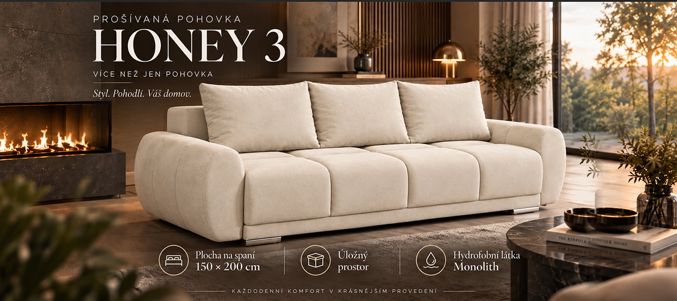 Trojmiestna rozkladacia pohovka s funkciou spania HONEY 3 | 234x97x89cm | MONOLITH KRÉMOVÁ