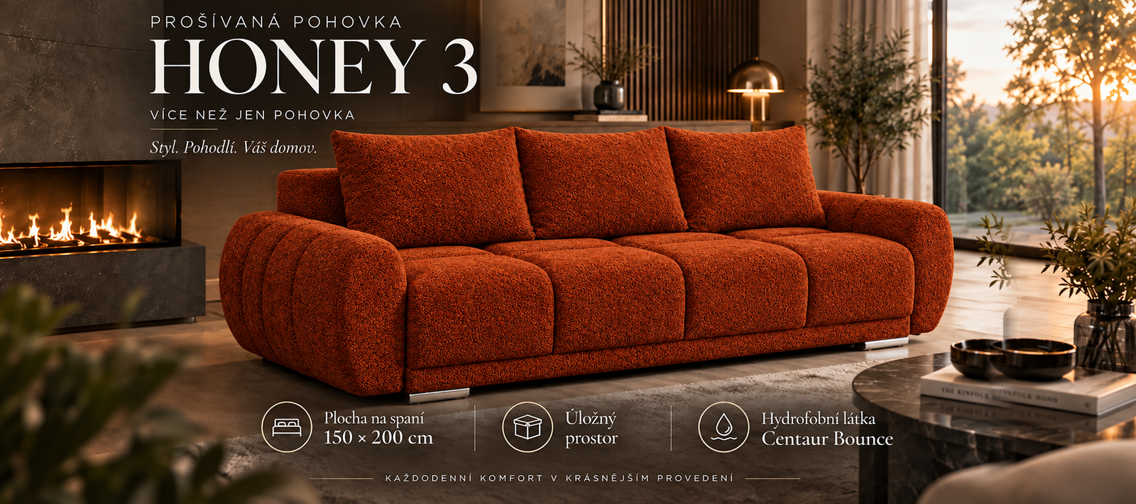 Trojmiestna rozkladacia pohovka s funkciou spania HONEY 3 | 234x97x89cm | CENTAUR TEHLOVÁ