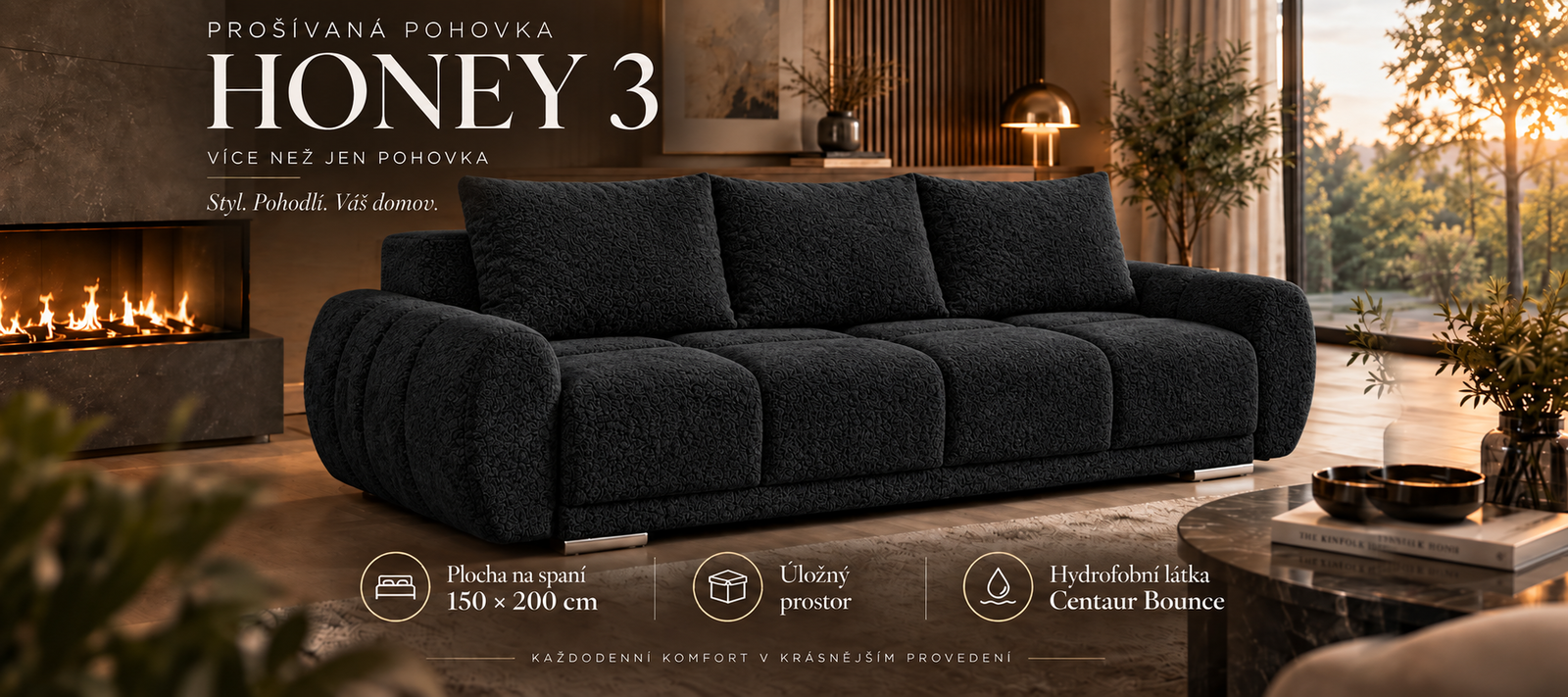 Trojmiestna rozkladacia pohovka s funkciou spania HONEY 3 | 234x97x89cm | CENTAUR ČIERNÁ