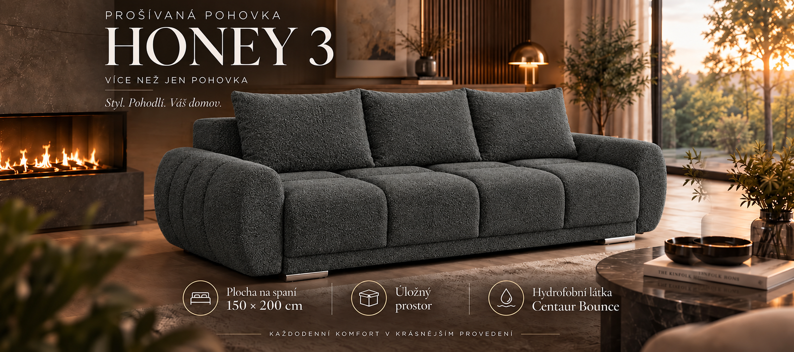 Trojmiestna rozkladacia pohovka s funkciou spania HONEY 3 | 234x97x89cm | CENTAUR GRAFIT