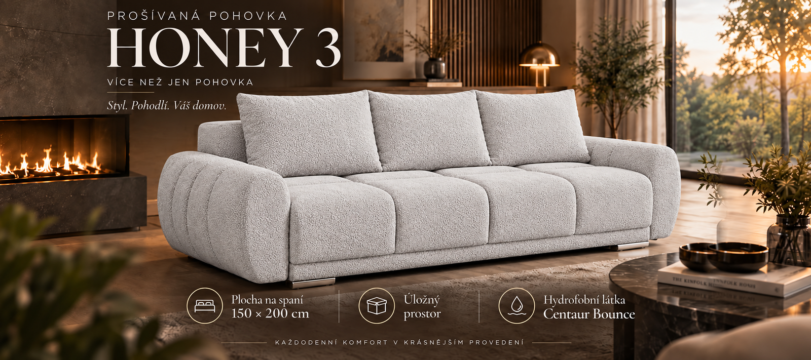 Trojmiestna rozkladacia pohovka s funkciou spania HONEY 3 | 234x97x89cm | CENTAUR SIVÁ