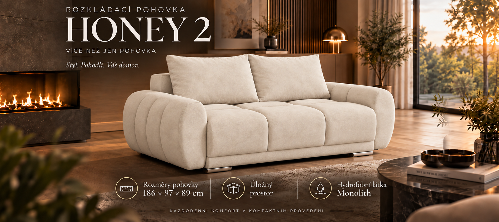 Trojmiestna rozkladacia pohovka s funkciou spania HONEY 2 | 186x97x89cm | MONOLITH KRÉMOVÁ