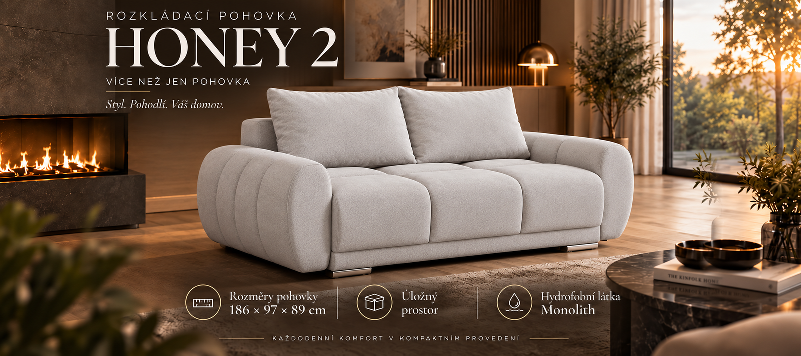 Trojmiestna rozkladacia pohovka s funkciou spania HONEY 2 | 186x97x89cm | MONOLITH SIVÁ