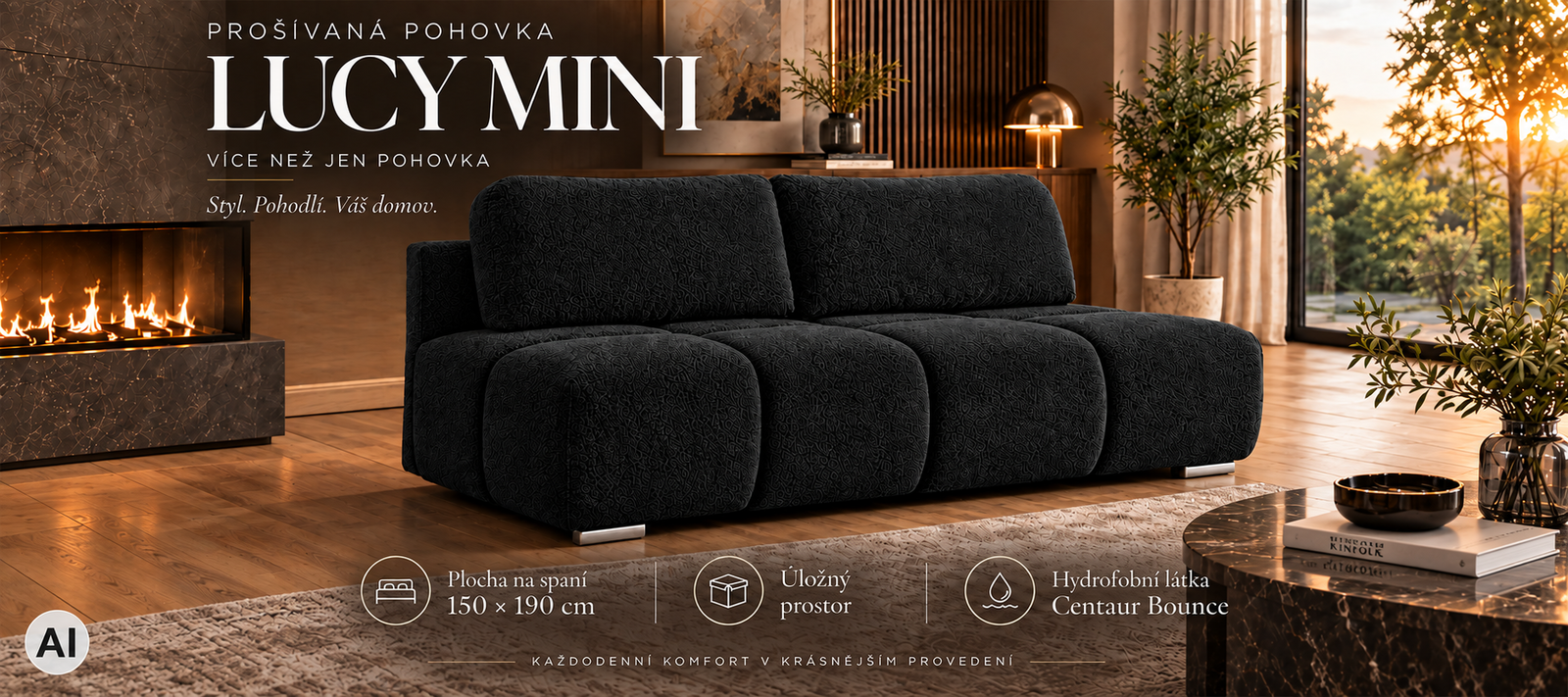 Dvojmiestna rozkladacia pohovka LUCY MINI | 195x104x89cm | CENTAUR ČIERNÁ
