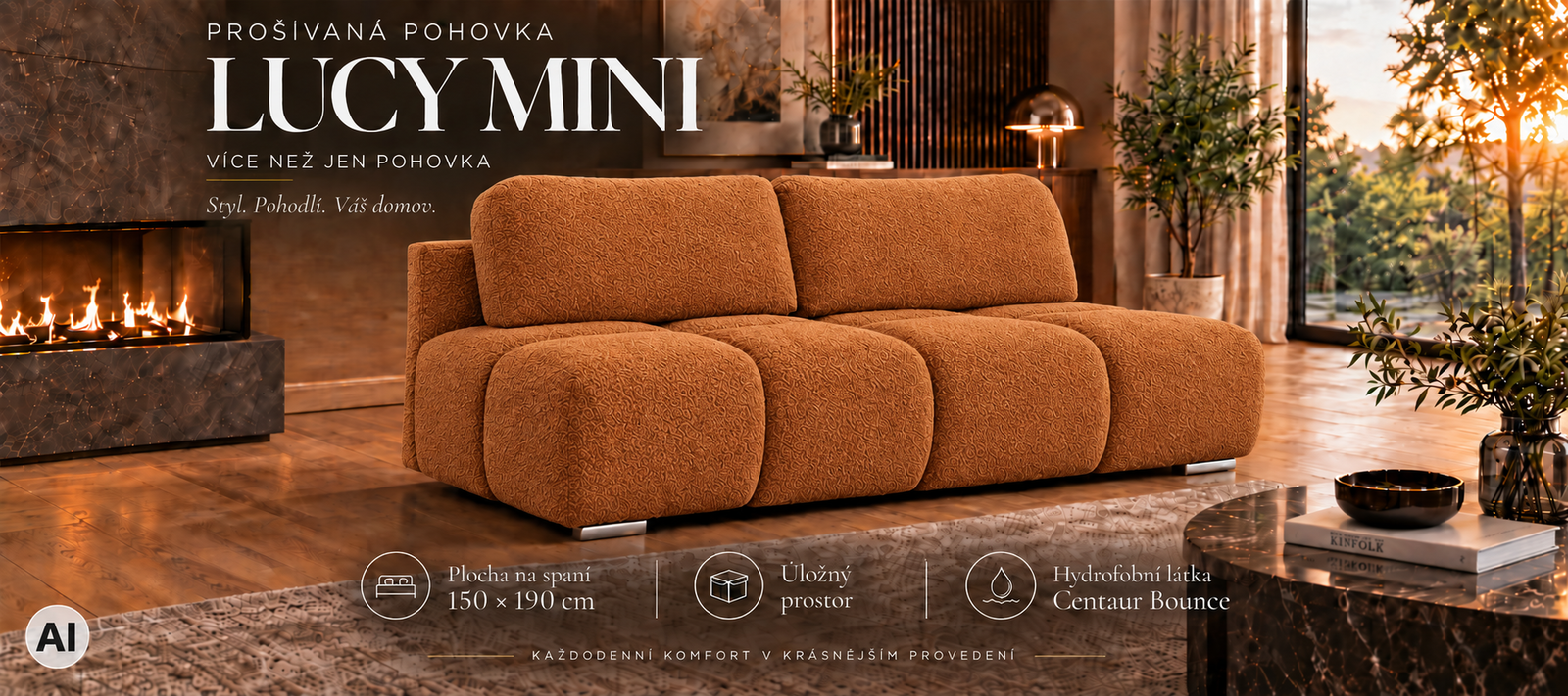Dvojmiestna rozkladacia pohovka LUCY MINI | 195x104x89cm | CENTAUR TEHLOVÁ